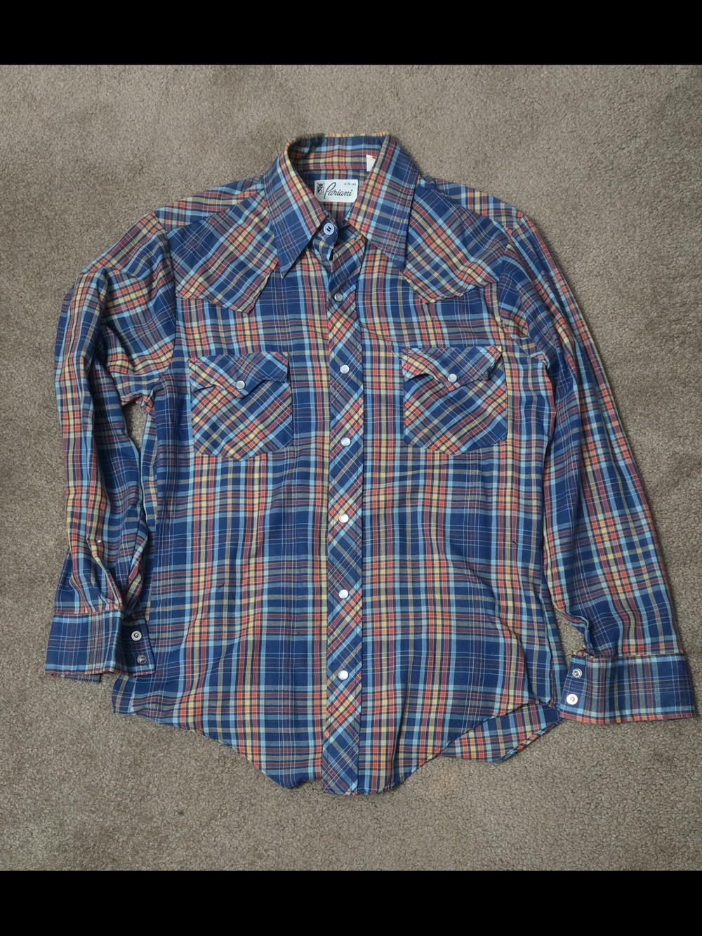 70s Pariani Men's Blue and Red Plaid Button-Down Western Shirt. Fits Medium